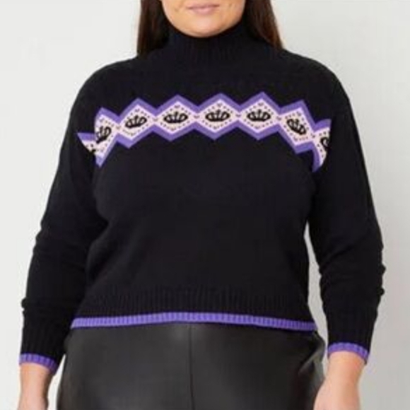 🏷️Juicy Couture Y2K Black Mock Neck Sweater Argyle Cable Knit Purple Crown XXL - Picture 1 of 13